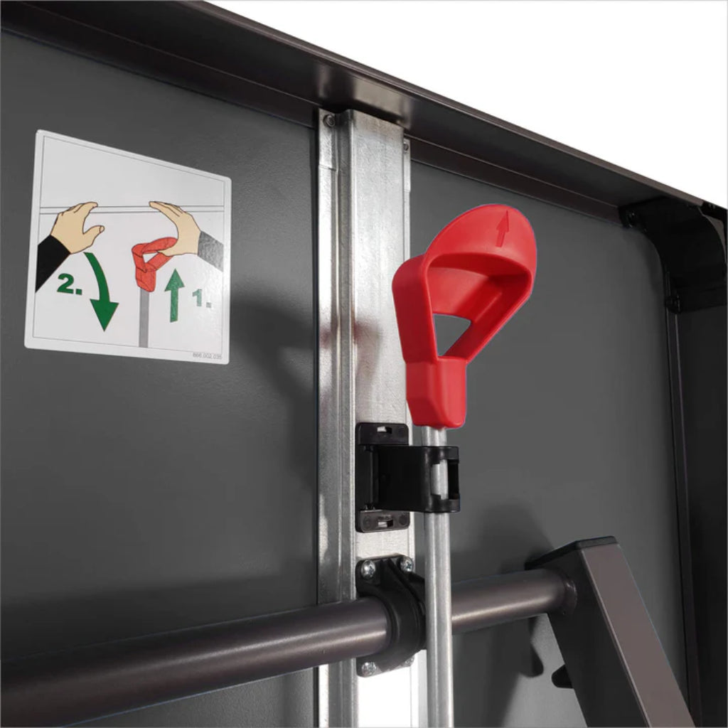 KETTLER Berlin Pro table tennis showcasing locking mechanism and safety label on a black background