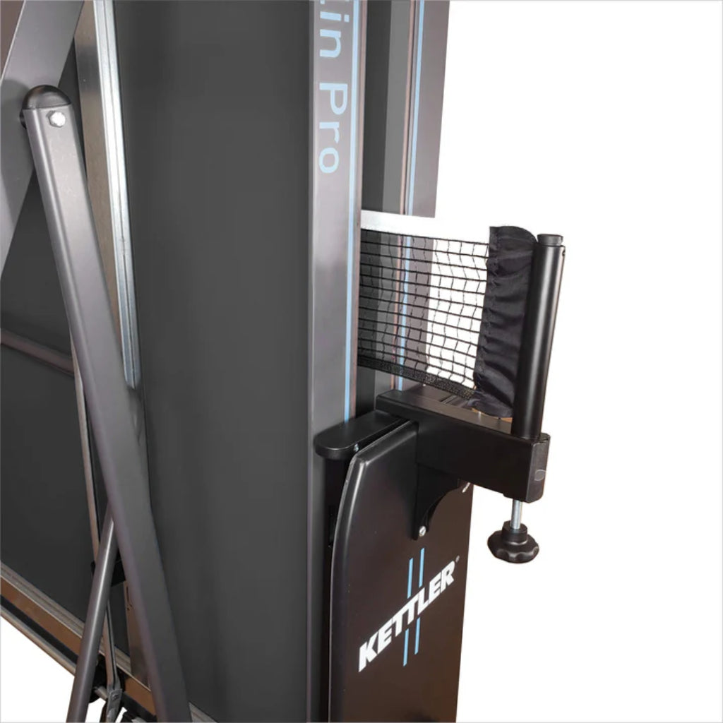 Kettler Berlin Pro ping pong table with net and stand close up on a white background