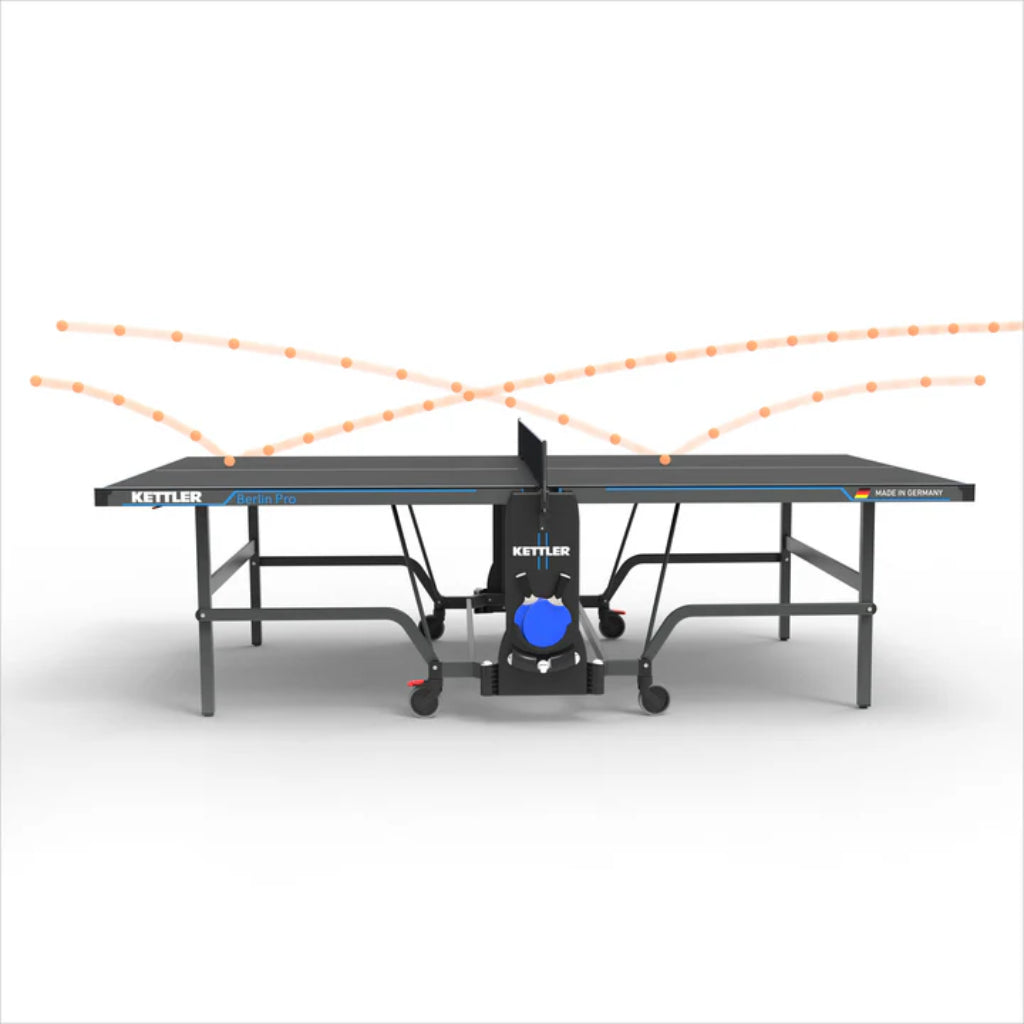 Kettler Berlin Pro indoor table tennis table with showcasing bounce and spin on a white background